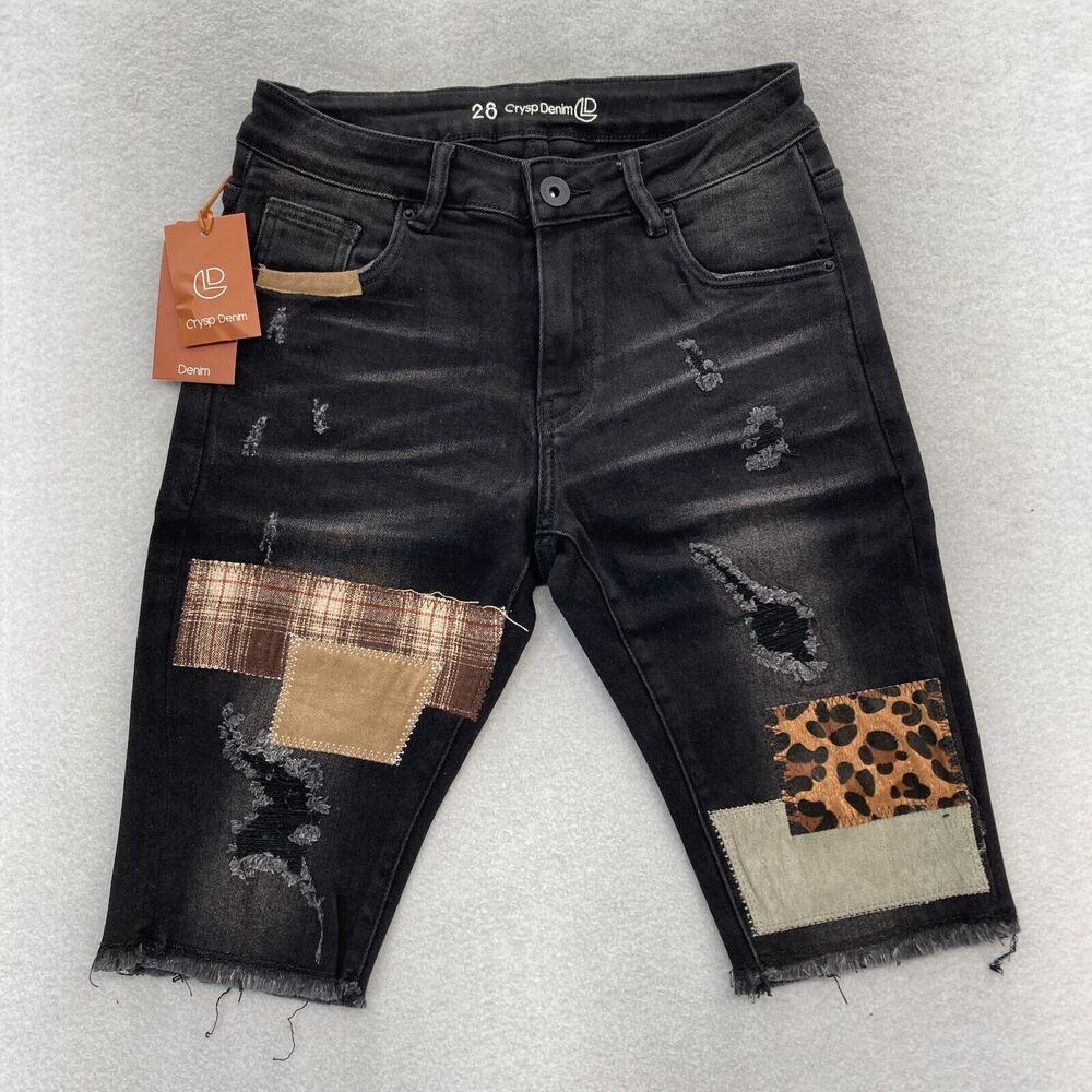 Crysp Denim Jean Shorts Jorts Mens 28 Black Stretch Denim Distressed Patches NWT